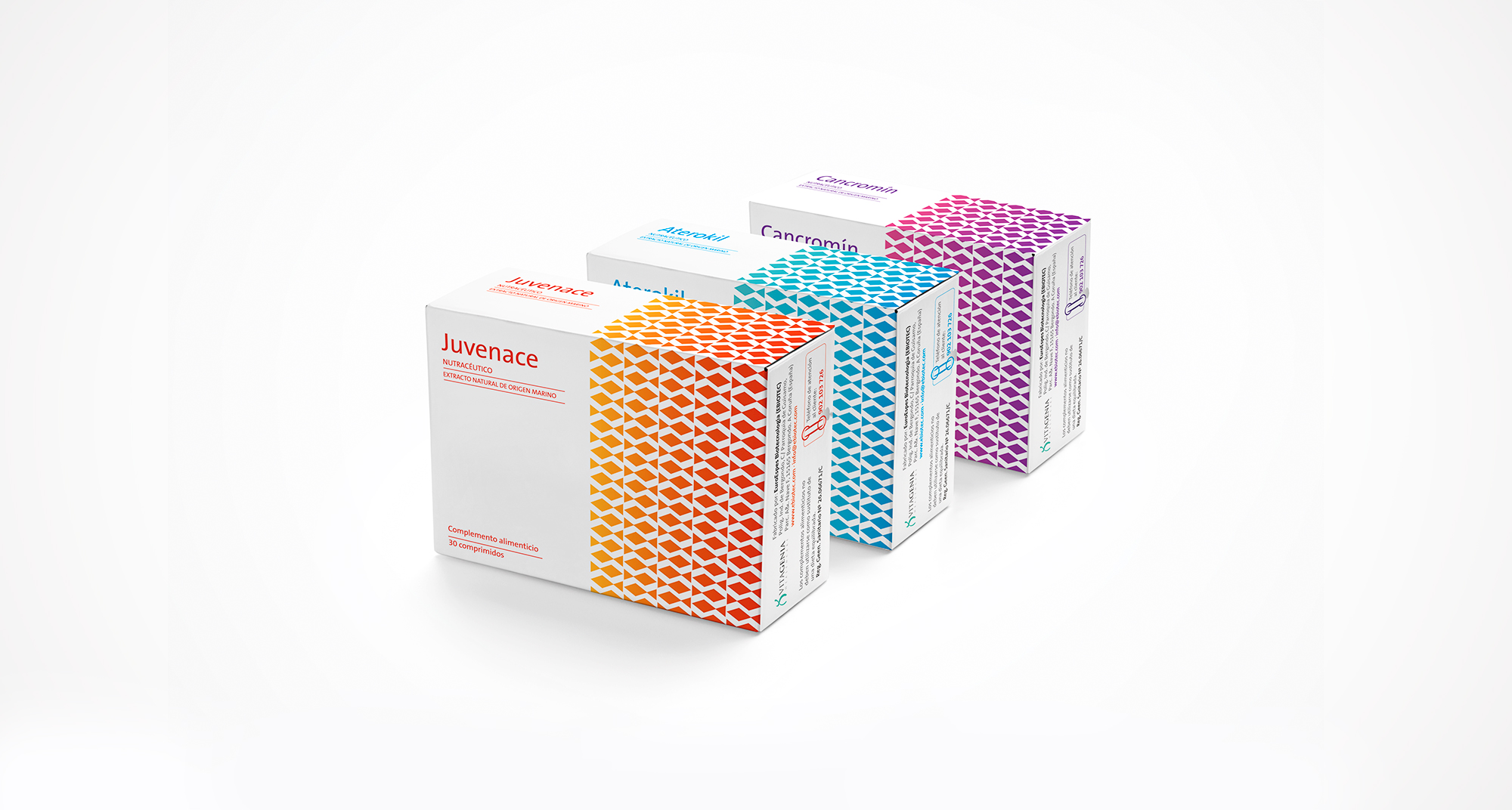 Diseño de packaging para nutracéuticos en los que se juega con la gama de colores