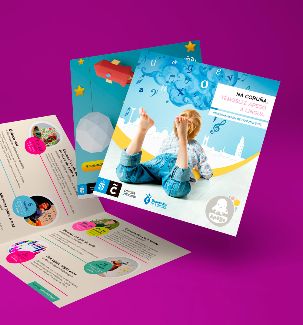 Diseño gráfico para la promoción de las jornadas sobre lingua galega del año 2017, realizado con una gráfica colorida y algere para llegar a los más jóvenes