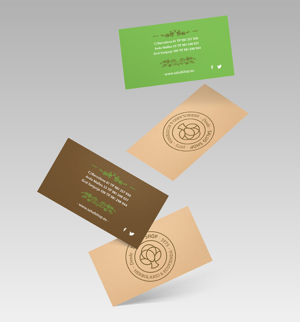 Diseño de dos modelos de tarjetas con los colores corporativos y un acabado en cartón craft con el símbolo de la marca